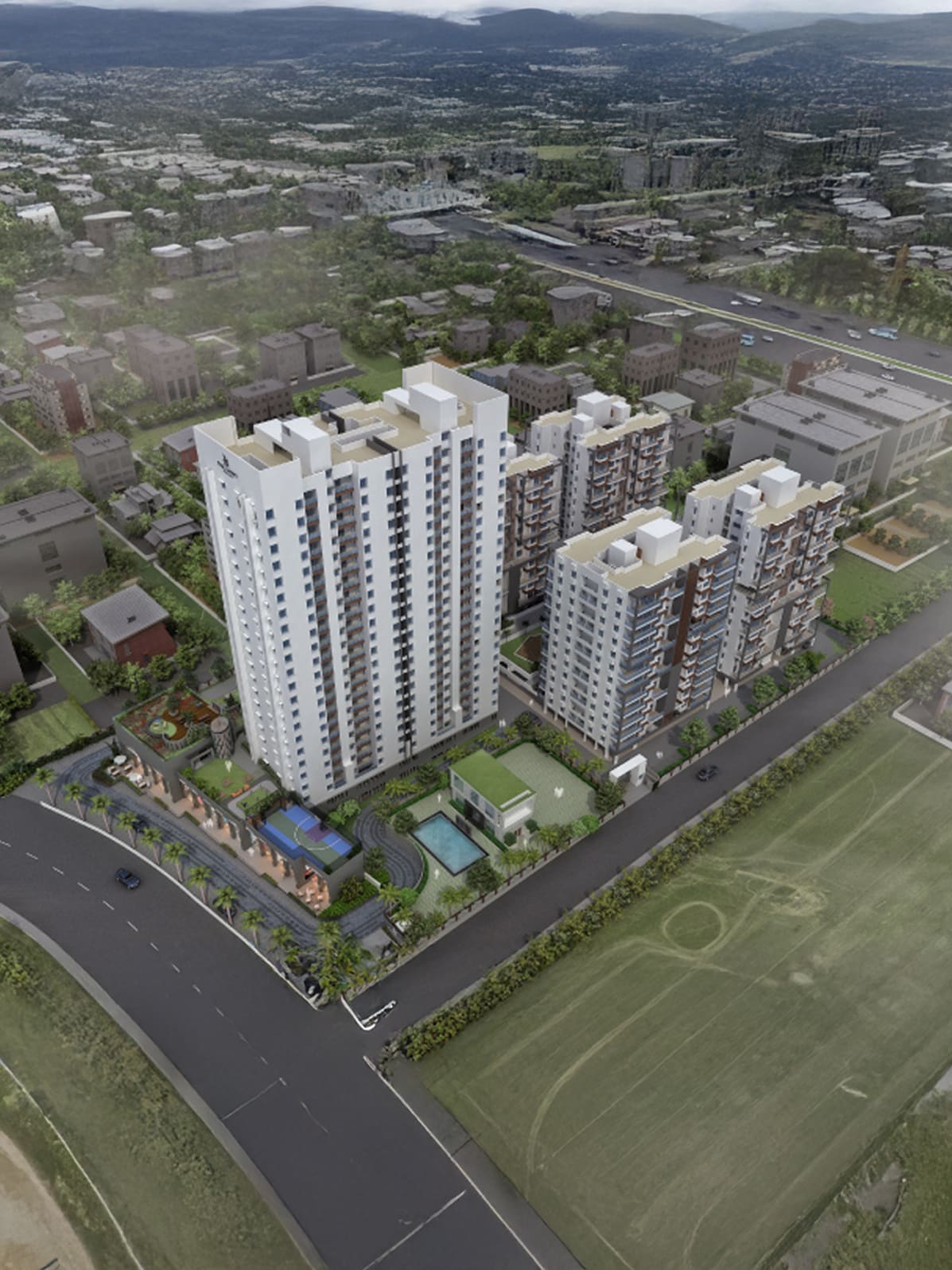 Exterior view of Vilas Javdekar Palladio X3 &mdash; photo gallery, images, brochure, amenities, cost sheet, price breakup, availability details, RERA number, RERA certificate, possession date, layout plan, logo, floor plan, master plan, and location map showcasing project highlights and features.